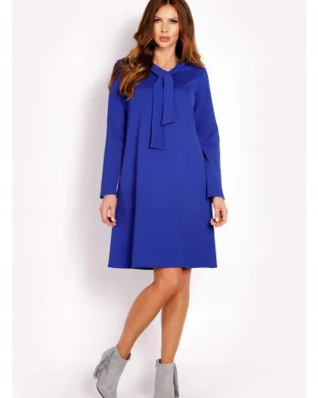 Rochie Dama,  L010, Trapez Midi, Evazata, Tesatura Confortabila cu Elastan, Lungime Midi, Usor Evazata la Baza, Croiala Clasica Eleganta, Albastru, Albastru