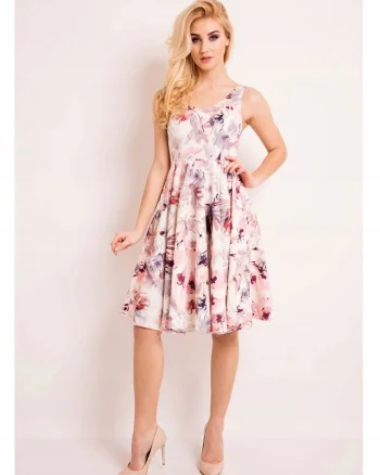 Rochie Midi Pentru Femei,  L038, Flori Intunecate, Croi Evazat, Material 95% Poliester, 5% Elastan, Decolteu Rotund, Decolteu Adanc, Fara Inchidere, Fara Maneci, De Inalta Calitate, Multicolor, Roz