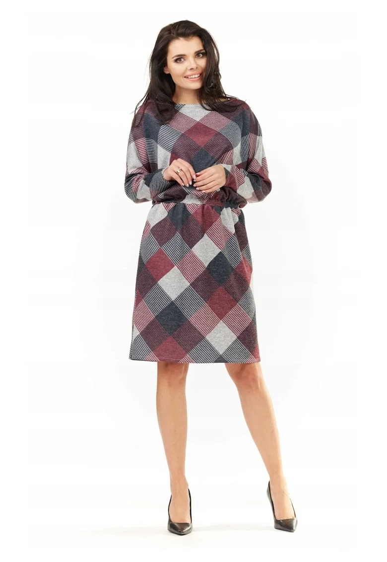 Rochie De Dama,  L058, Carouri, Material 65% Poliester, 33% Viscoza, 2% Elastan, Lungime Midi, Maneci Lungi, Decolteu Rotund, De Inalta Calitate, Multicolor, Multicolor