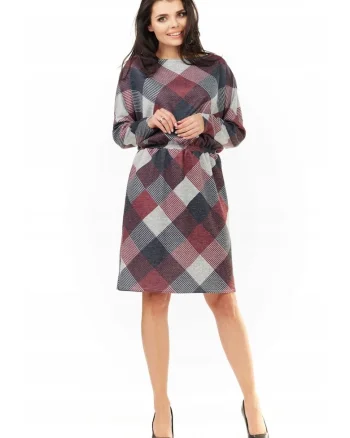 Rochie De Dama,  L058, Carouri, Material 65% Poliester, 33% Viscoza, 2% Elastan, Lungime Midi, Maneci Lungi, Decolteu Rotund, De Inalta Calitate, Multicolor, Multicolor