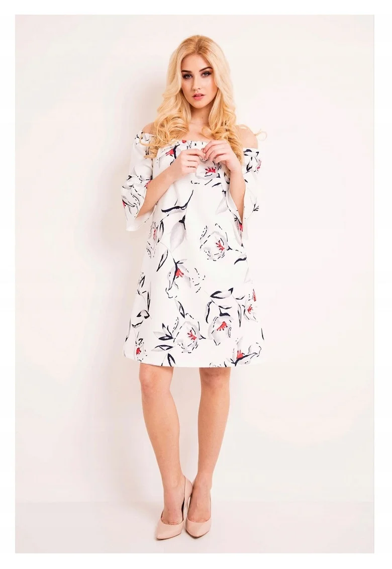 Rochie De Dama Cu Umerii Descoperiti,  L036, Material 95% Poliester, 5% Elastan, Lungime Midi, Decolteu Rotund, Stil Lejer, Maneci Trei Sferturi, De Inalta Calitate, Ecru, Ecru