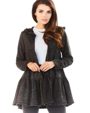 Cardigan Pentru Femei,  L053, Cu Gluga Si Volane, Poliester, Croi Normal, Maneci Lungi, Decolteu In V, Gri antracit