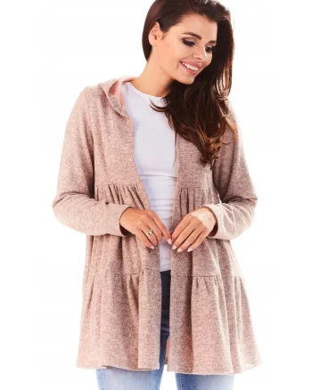 Cardigan Pentru Femei,  L053, Cu Gluga Si Volane, Poliester, Croi Normal, Maneci Lungi, Decolteu In V, De Inalta Calitate, Roz, Roz