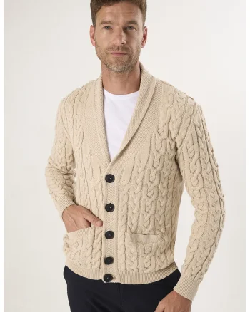 Cardigan din bumbac cu model torsade si nasturi, Bej