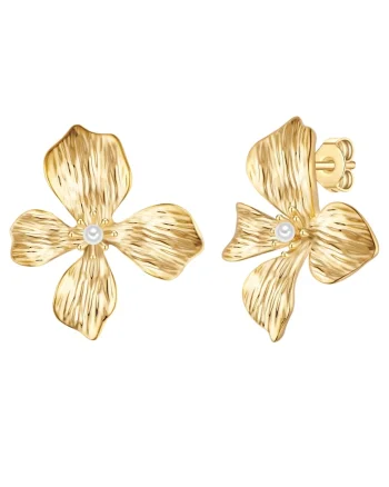 Cercei cu tija, in forma de floare, placati cu aur de 14K, decorati cu perle sintetice, Auriu