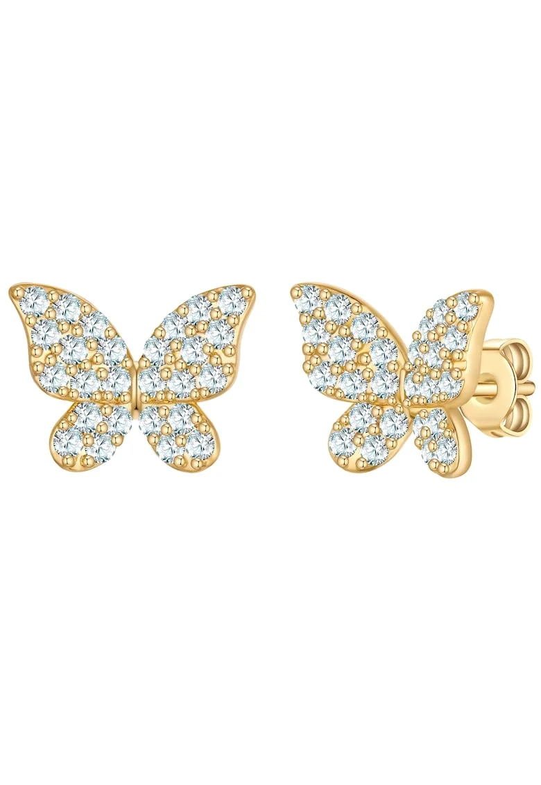 Cercei cu tija, in forma de fluturi, placati cu aur de 14K, decorati cu zirconia, Auriu