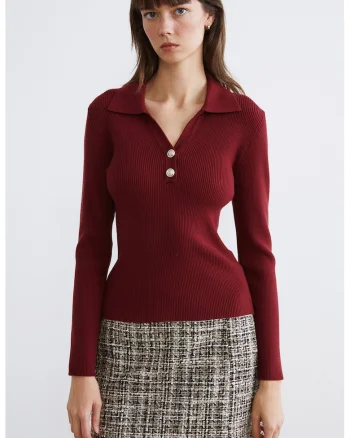 Pulover striat cu croiala slim-fit si decolteu in V, Rosu inchis