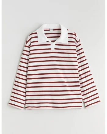 Bluza polo de bumbac cu dungi, Visiniu/Roz pal