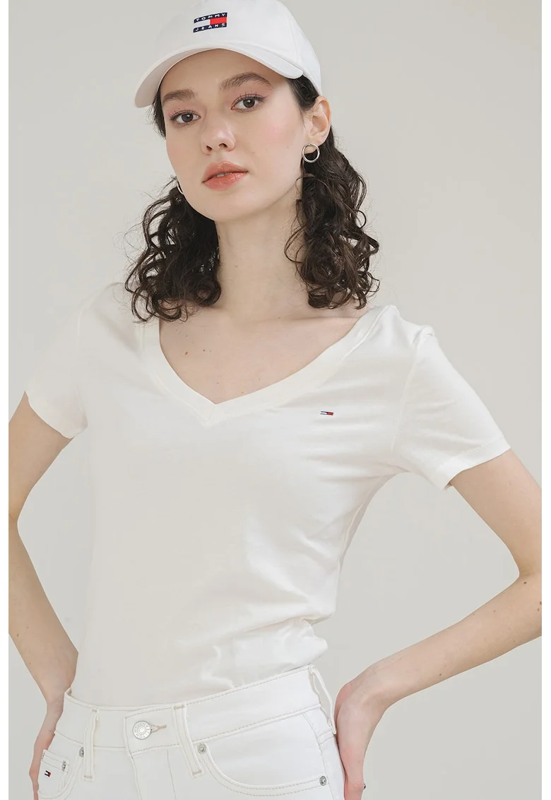 Tricou slim fit cu broderie logo discreta, Alb murdar