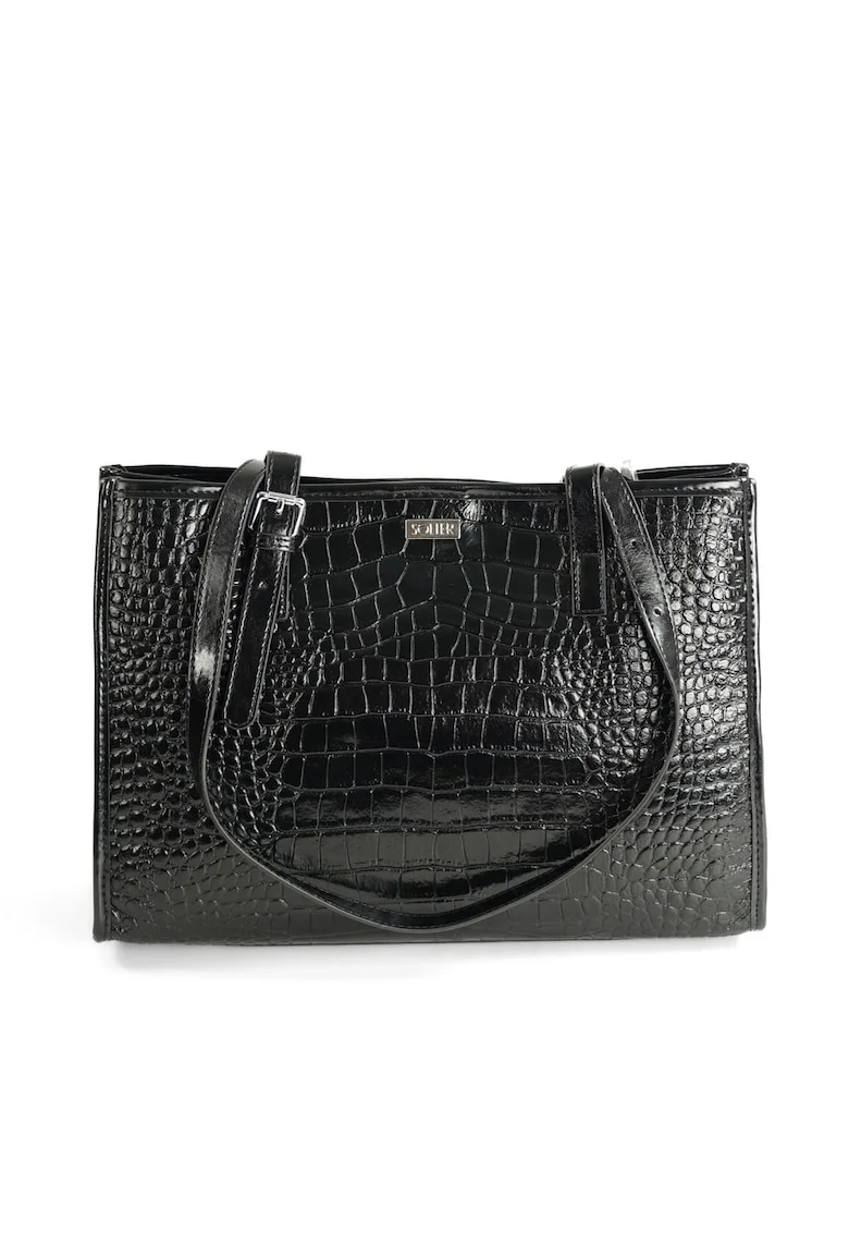 Geanta dama  FL55 LUNE, piele naturala lacuita, model crocodil, neagra, 26,5x36x11cm