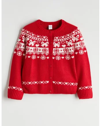Cardigan cu model, Rosu/Alb