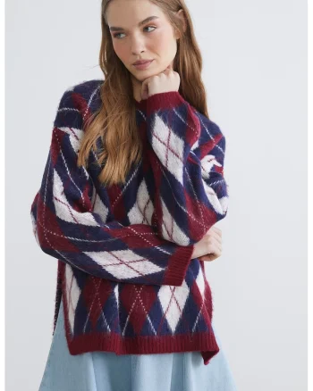 Pulover cu model argyle, Alb/Visiniu/Bleumarin