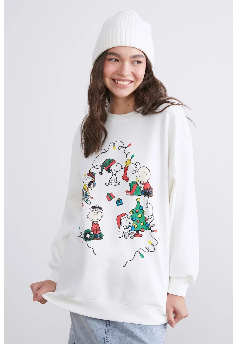 Bluza de trening cu croiala lejera si model tematic de Craciun, Rosu/Alb/Verde