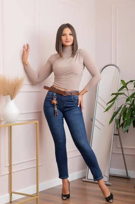 Blugi dama conici, talie inalta, albastru clasic cu curea ,   Kylie