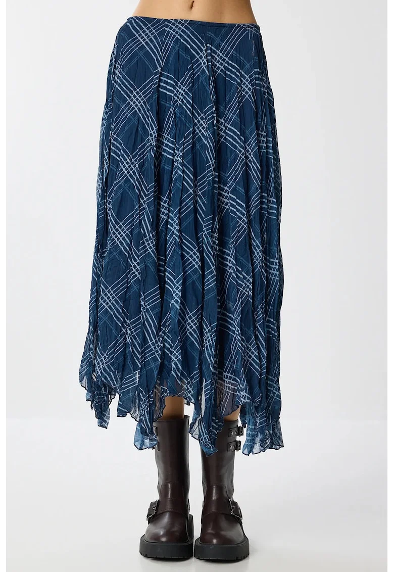Fusta midi asimetrica Happiness Istanbul, talie inalta, cu fermoar, textil, albastru,