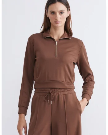 Bluza crop de trening cu fenta scurta cu fermoar, Maro scortisoara