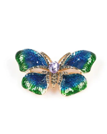 Brosă  fluture verde și albastru, 3x4.5cm, cu snur de mărțișor