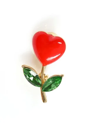Brosă martisor floare inimă,  verde și roșu, 2x3cm