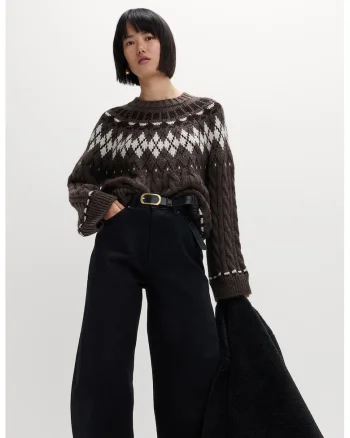 Pulover cu model si torsade, Alb/Maro inchis