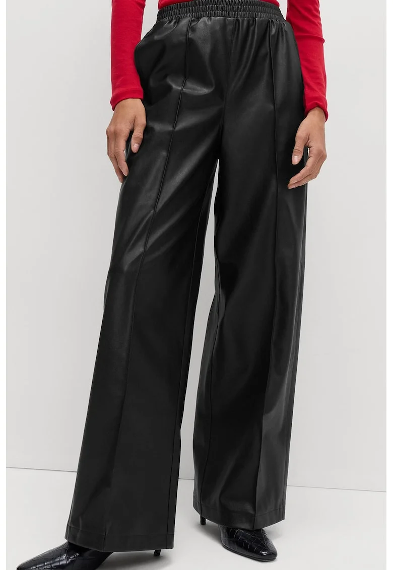 Pantaloni din piele ecologica cu croiala ampla si talie elastica, Negru