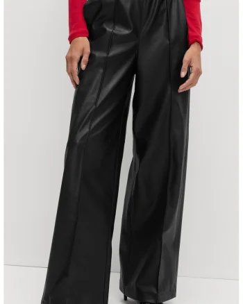 Pantaloni din piele ecologica cu croiala ampla si talie elastica, Negru