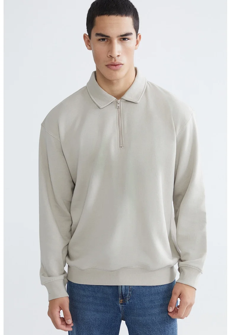 Bluza de trening polo cu croiala lejera, Gri deschis