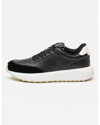 Pantofi sport din piele si piele ecologica cu detaliu monograma, Negru