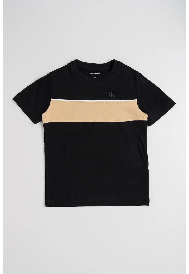 Tricou de bumbac cu decolteu la baza gatului, Negru