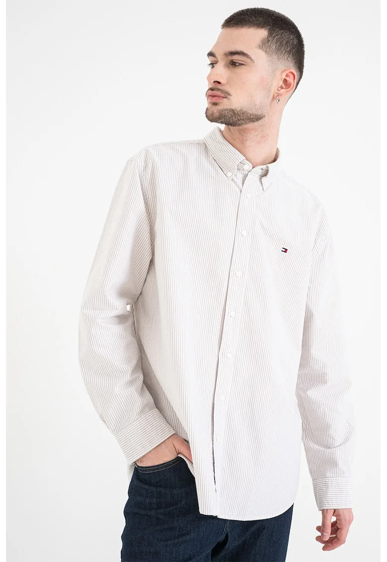 Camasa Oxford regular fit cu model in dungi, Alb murdar/Bej deschis