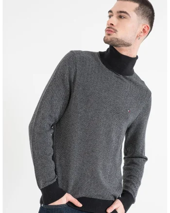 Pulover din amestec de casmir cu model herringbone, Negru/Gri inchis