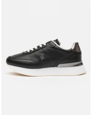 Pantofi sport de piele cu logo discret, Negru/Argintiu