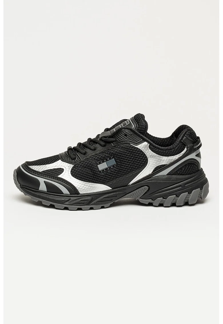 Pantofi sport din plasa cu aspect masiv si detalii cauciucate Outdoor, Negru/Argintiu