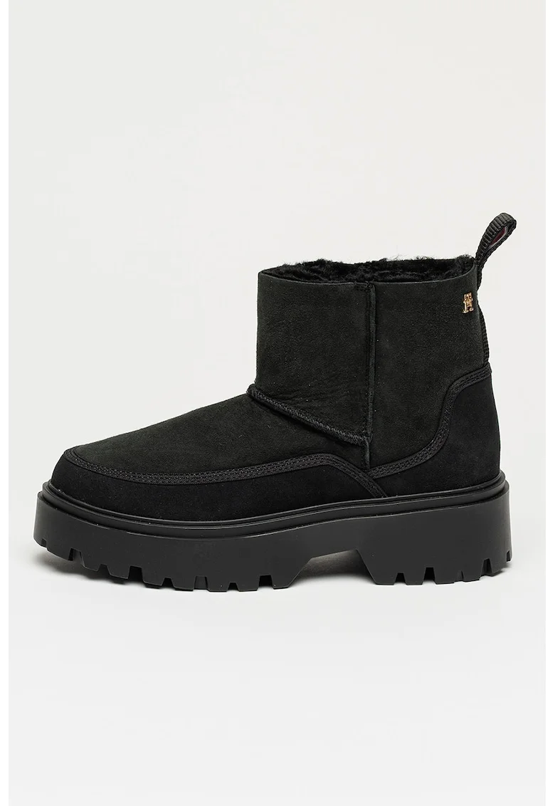 Ghete de iarna din piele intoarsa si blana shearling fara inchidere Real, Negru