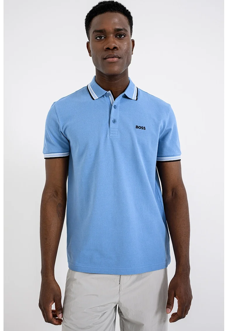 Tricou polo regular fit din bumbac pique cu margini contrastante Paddy, Albastru lavanda