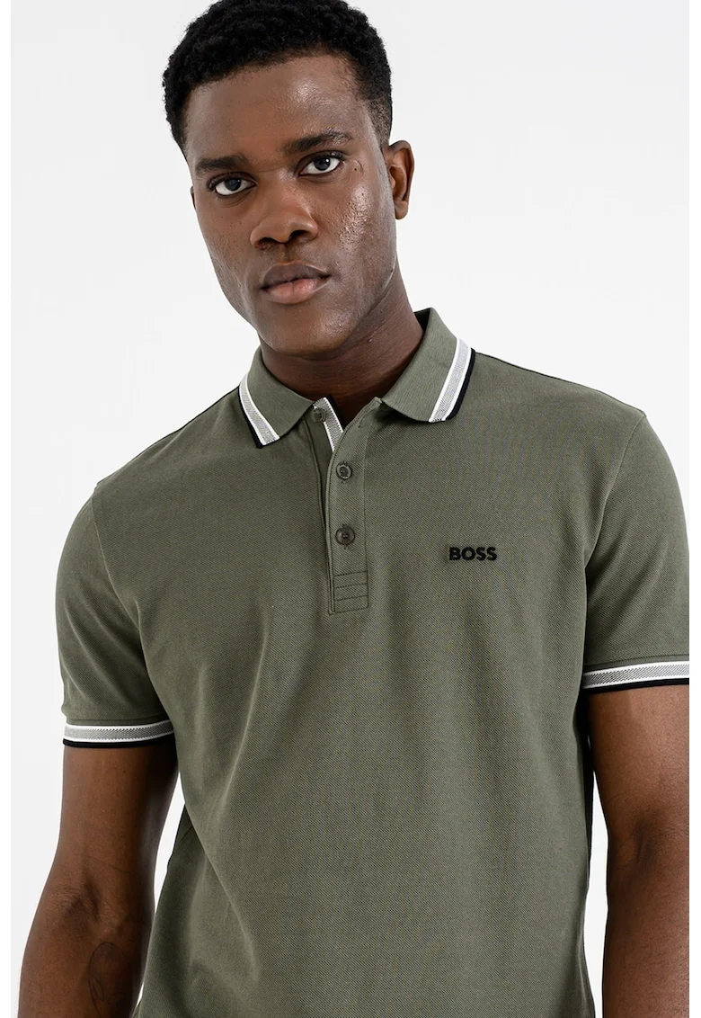 Tricou polo regular fit din bumbac pique cu margini contrastante Paddy, Kaki inchis