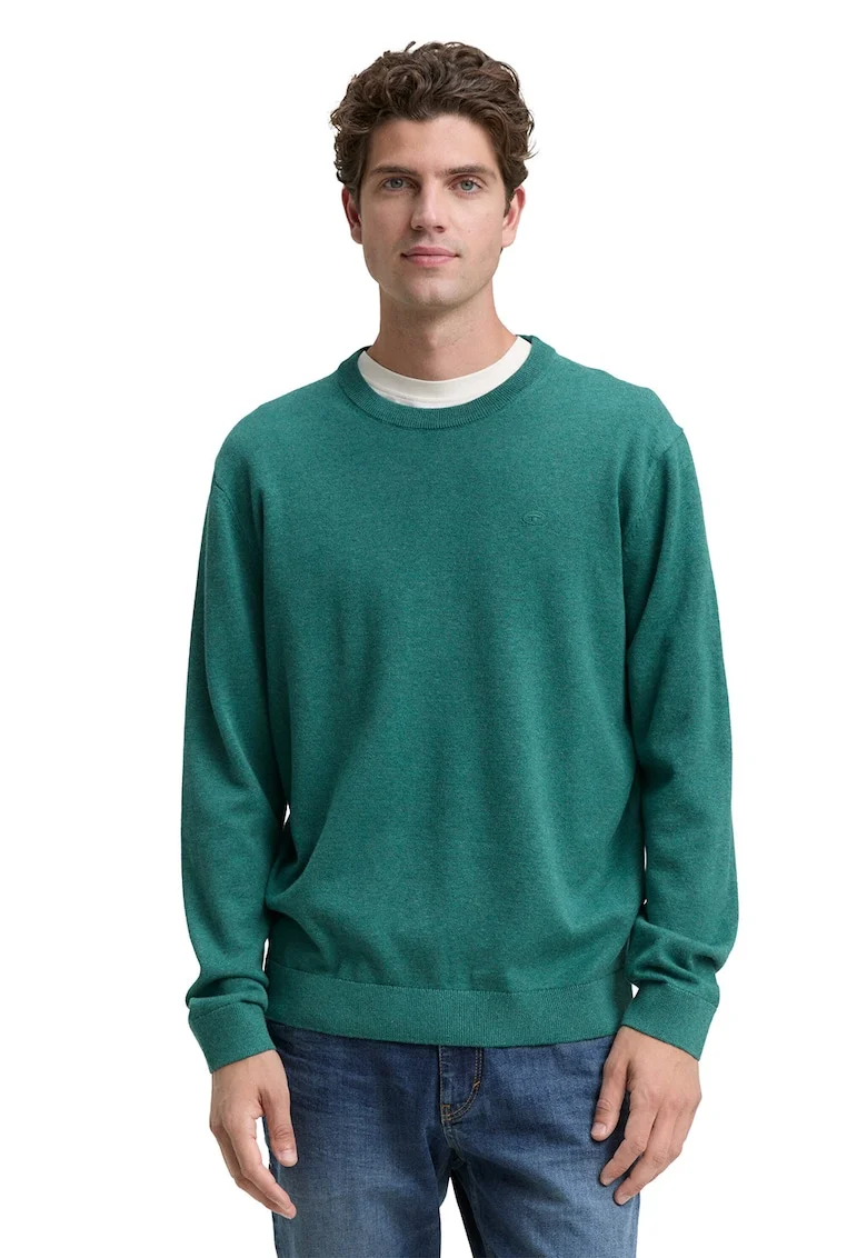 Pulover din bumbac cu decolteu la baza gatului, Verde aquamarin