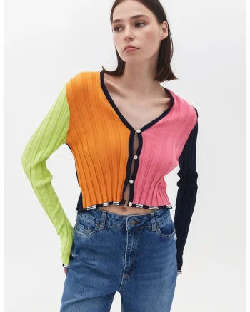 Cardigan crop cu model colorblock si decolteu in V, Roz pastel/Portocaliu mandarina/Verde pal
