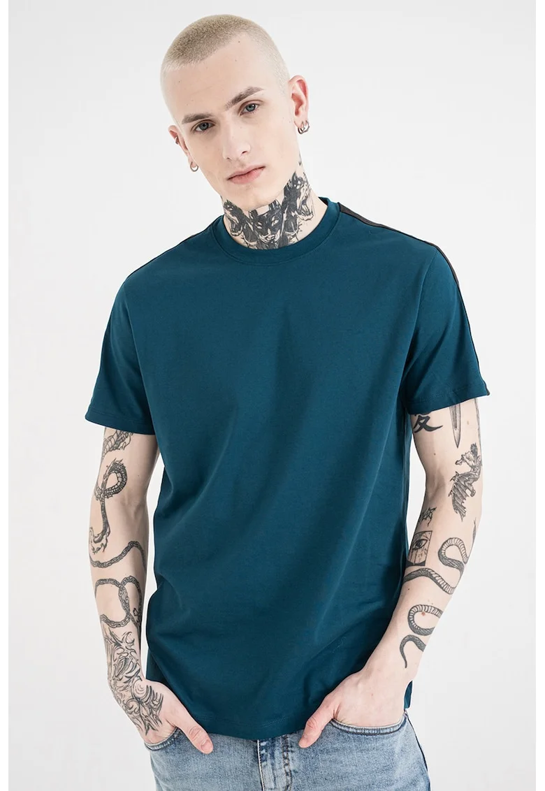 Tricou de bumbac cu banda logo, Negru/Albastru petrol