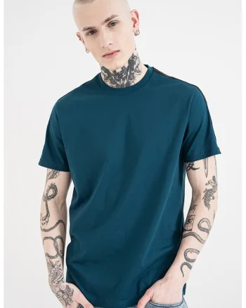Tricou de bumbac cu banda logo, Negru/Albastru petrol