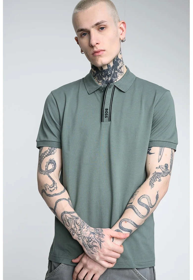 Tricou polo din amestec de bumbac cu detalii logo, Negru/Verde aquamarin