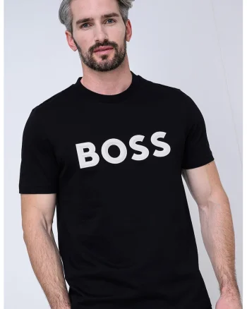 Tricou cu decolteu la baza gatului si imprimeu logo, Negru/Alb murdar