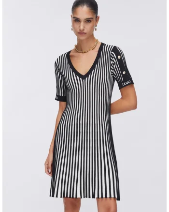 Rochie cu decolteu in V si model in dungi, Alb/Negru