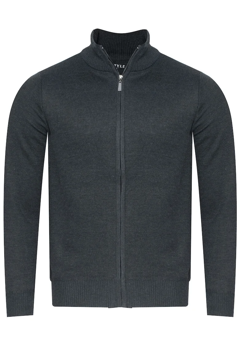 Pulover barbati,  gri inchis, 100% poliester, model clasic cu guler pe jumatate
