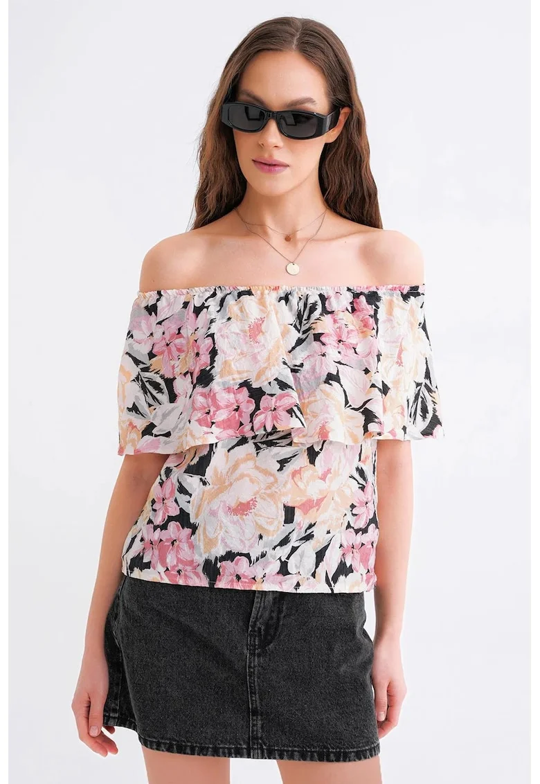 Tricou dama,  imprimeu floral, umeri goi, multicolor, textil
