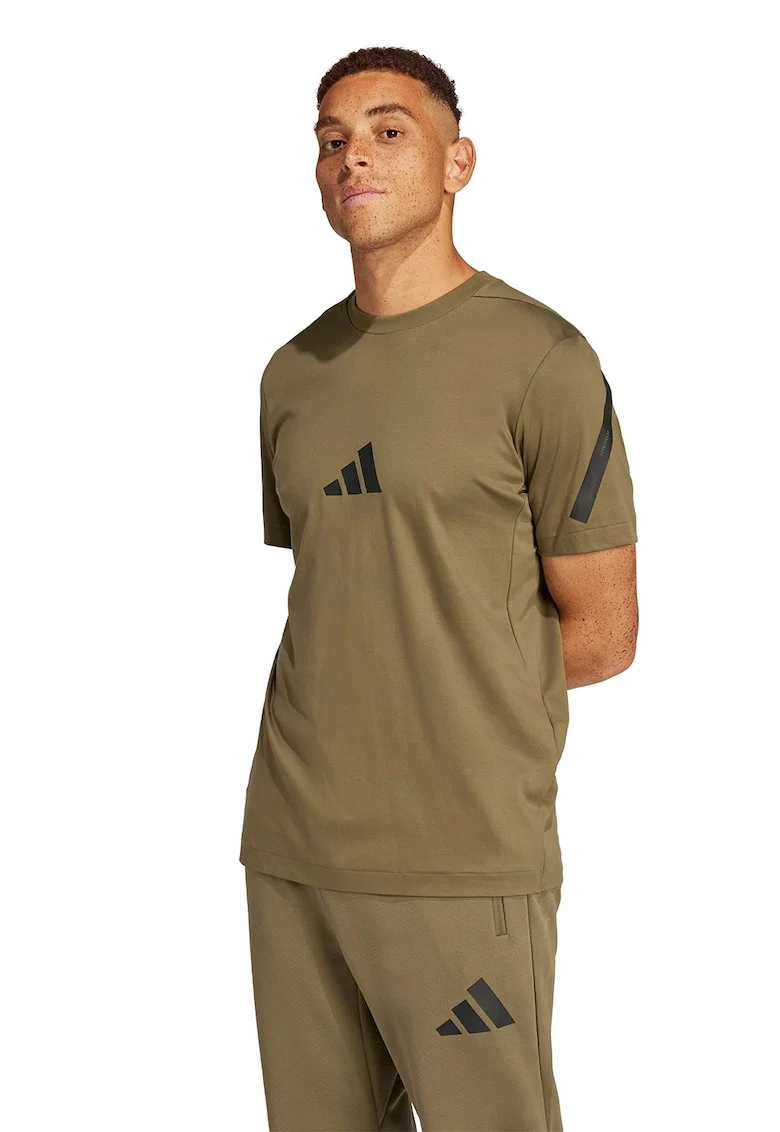Tricou de bumbac cu model monograma Z.N.E, Negru/Verde masliniu