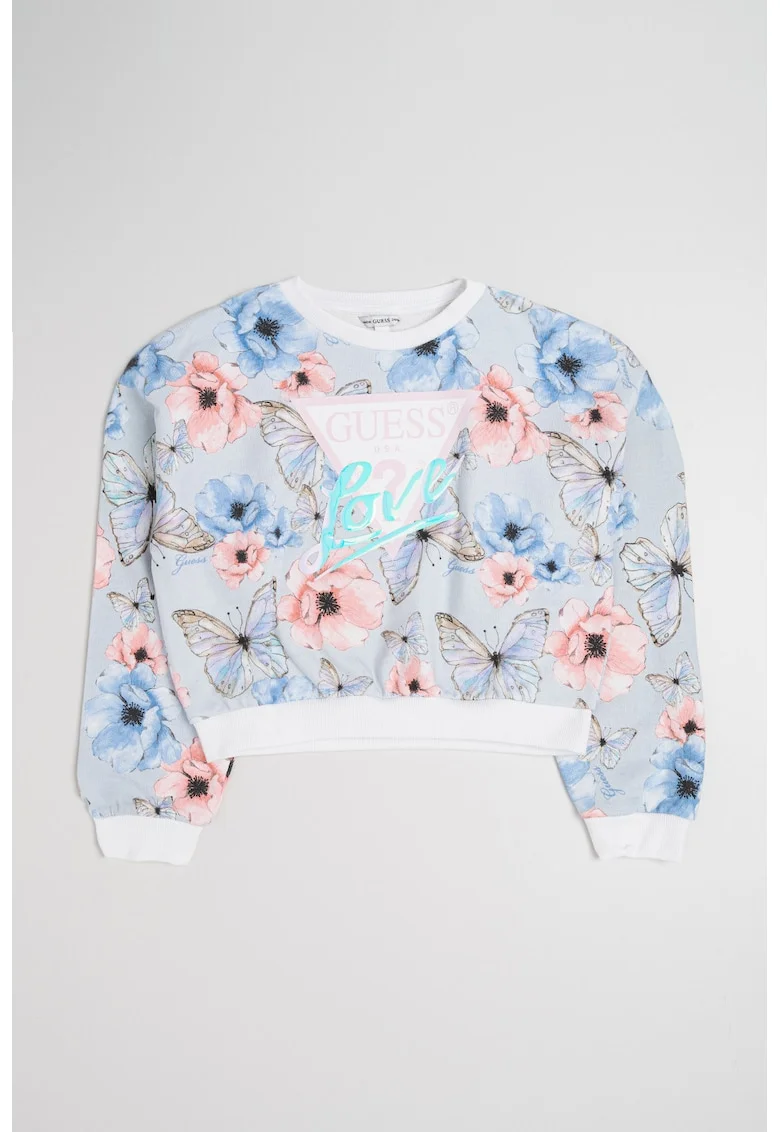 Bluza de trening cu imprimeu floral, mansete elastice si terminatie, Albastru deschis