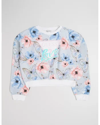 Bluza de trening cu imprimeu floral, mansete elastice si terminatie, Albastru deschis