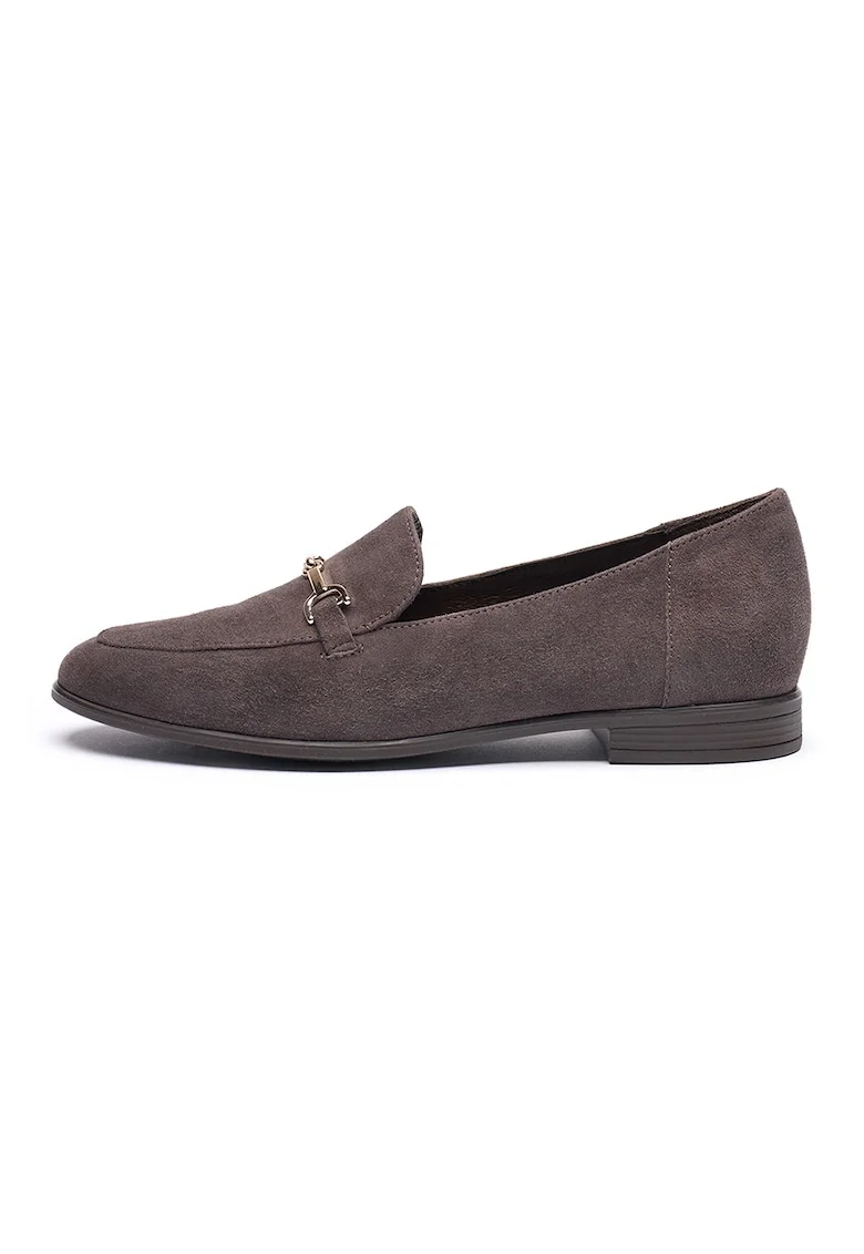 Pantofi loafer de piele intoarsa cu accesoriu metalic, Maro inchis