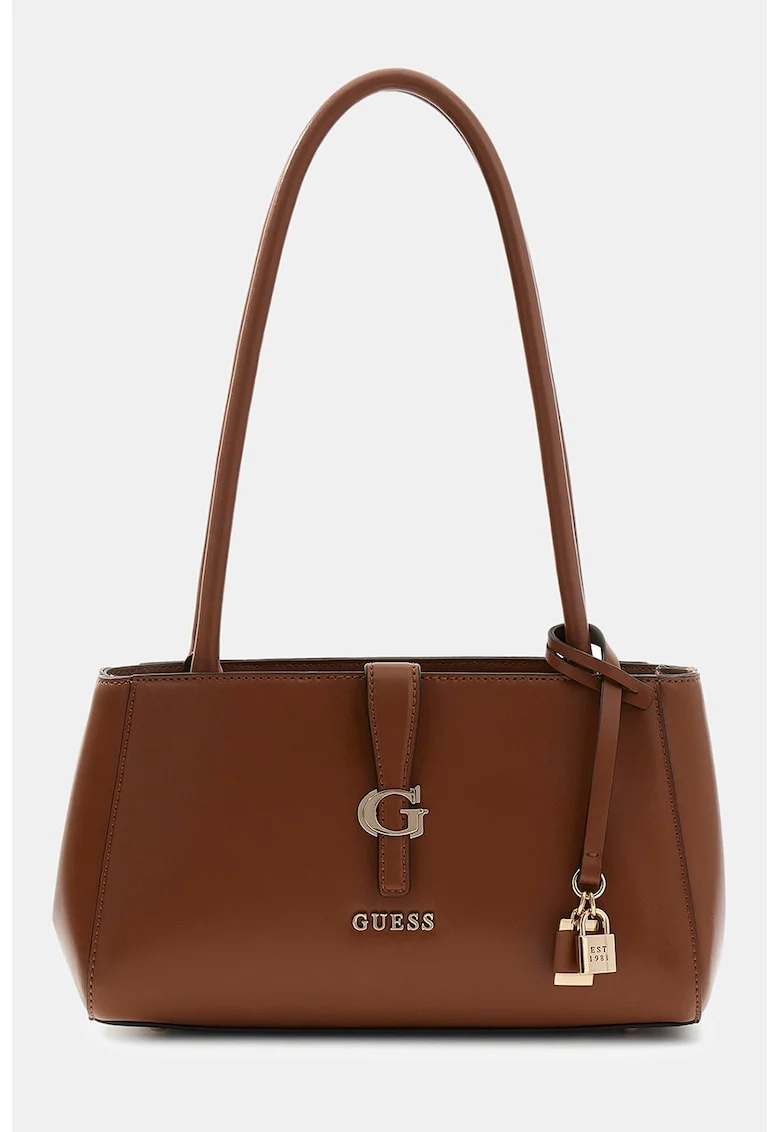 Geanta de piele ecologica cu bareta de umar si logo Carrie, Maro cognac