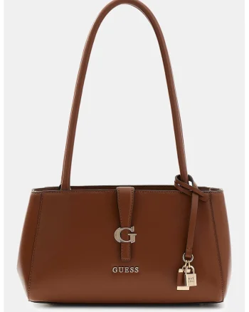 Geanta de piele ecologica cu bareta de umar si logo Carrie, Maro cognac